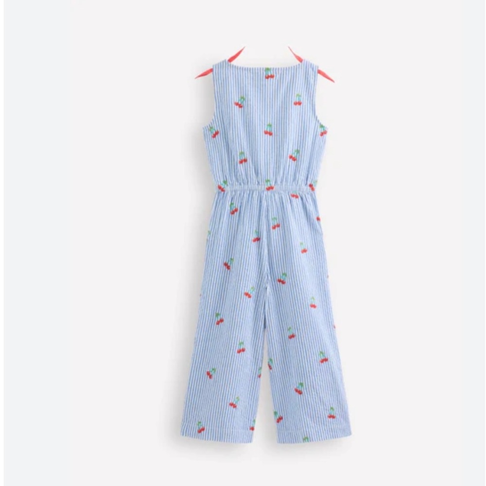 Girls Blue Striped Cherry Print Button Up Jumpsuit Romper Kids Casual Outfit